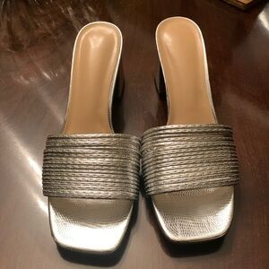 Silver Embossed Designed Slip-on Sandals Chunky Heels. Size 42